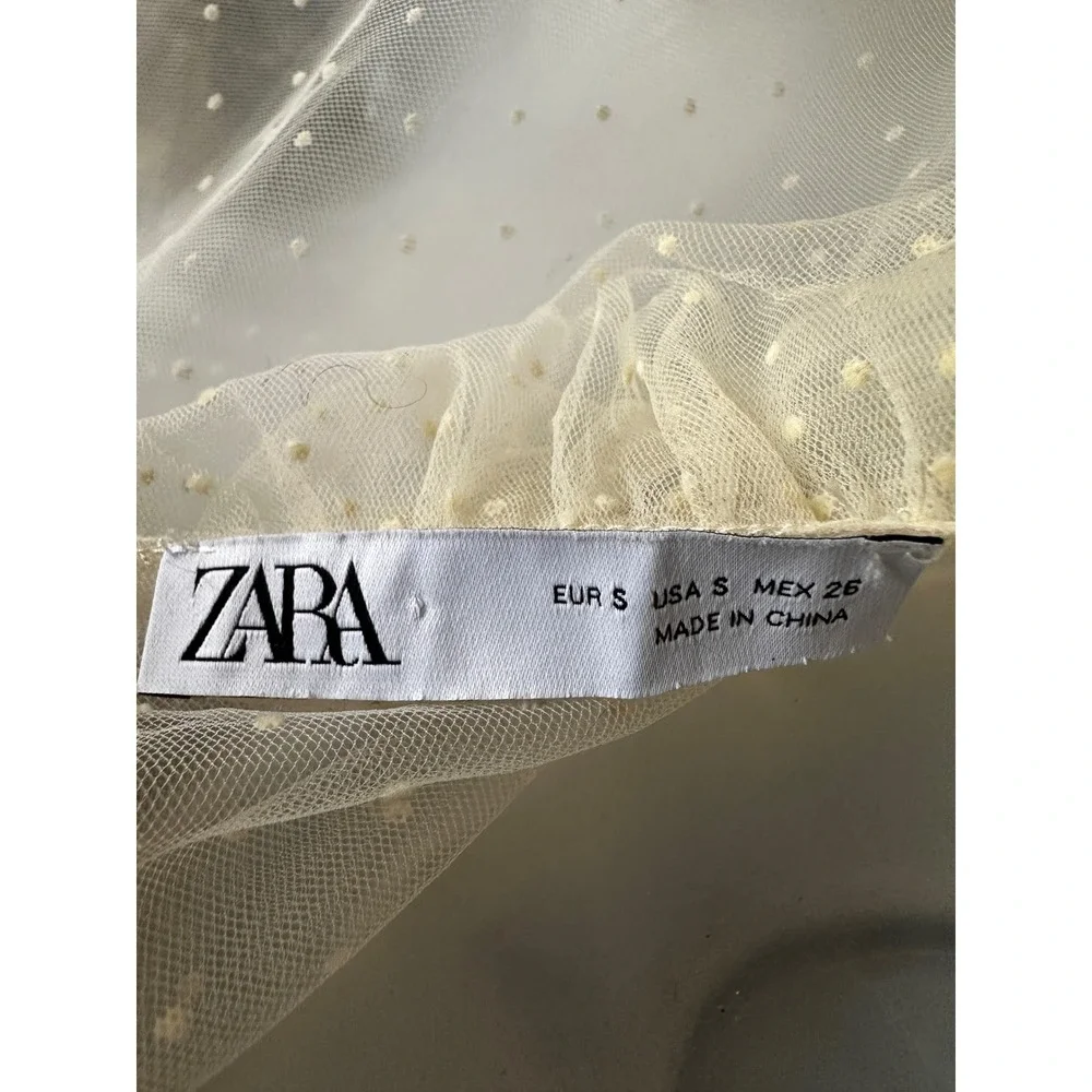 Zara Cream Swiss Dot Mesh Ruffle Blouse Sheer High Neck Long Sleeve Small